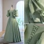Elegant Sage Green Satin Prom Dresses 2023 A-Line / Princess Scoop Neck Puffy Short Sleeve Pearl Bow Floor-Length / Long Prom Formal Dresses