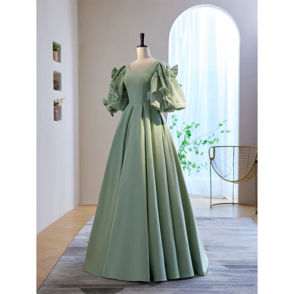 Elegant Sage Green Satin Prom Dresses 2023 A-Line / Princess Scoop Neck Puffy Short Sleeve Pearl Bow Floor-Length / Long Prom Formal Dresses