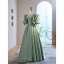 Elegant Sage Green Satin Prom Dresses 2023 A-Line / Princess Scoop Neck Puffy Short Sleeve Pearl Bow Floor-Length / Long Prom Formal Dresses