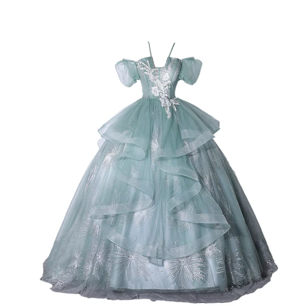 Elegant Sage Green Beading Lace Flower Cascading Ruffles Prom Dresses 2023 Ball Gown Spaghetti Straps Short Sleeve Backless Floor-Length / Long Prom Formal Dresses