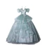 Elegant Sage Green Beading Lace Flower Cascading Ruffles Prom Dresses 2023 Ball Gown Spaghetti Straps Short Sleeve Backless Floor-Length / Long Prom Formal Dresses