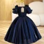Chic / Beautiful Navy Blue Beading Sequins Birthday Flower Girl Dresses 2023 Ball Gown Scoop Neck Puffy Short Sleeve Backless Floor-Length / Long Flower Girl Dresses