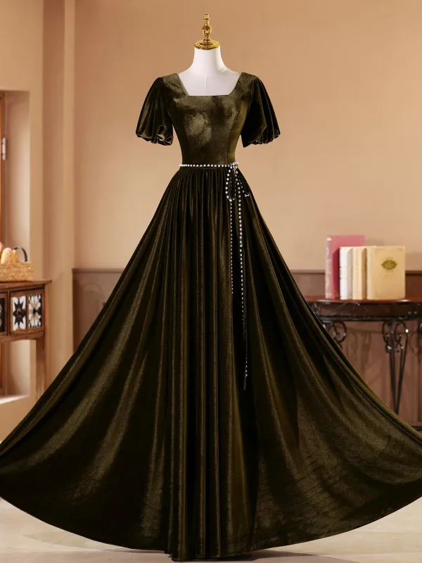 Vintage / Retro Army Green Pearl Sash Velvet Prom Dresses 2026 A-Line / Princess Square Neckline Short Sleeve Backless Floor-Length / Long Formal Dresses