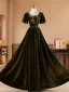Vintage / Retro Army Green Pearl Sash Velvet Prom Dresses 2026 A-Line / Princess Square Neckline Short Sleeve Backless Floor-Length / Long Formal Dresses