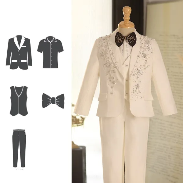 Blanche Faux Diamant Manches Longues 5 pièces Costume Garçon Mariage Mariage 2025 Manteau Pantalon Chemise Cravate Gilet