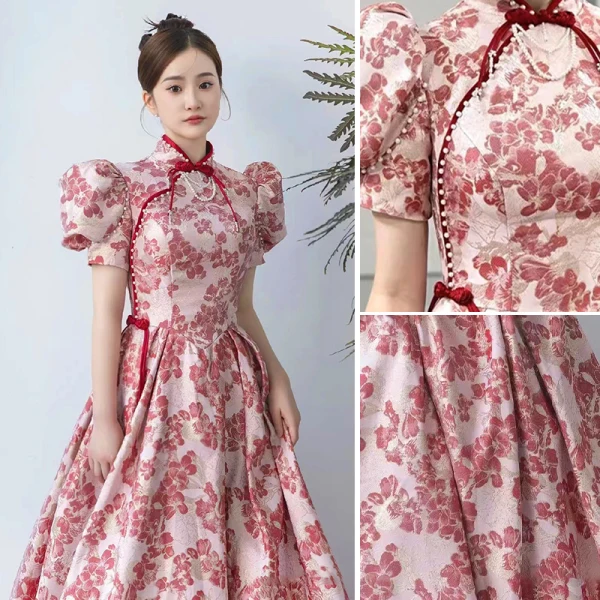 Chic / Beautiful Burgundy Floral Pearl Evening Dresses 2022 A-Line / Princess High Neck Backless Short Sleeve Floor-Length / Long Evening Party Formal Dresses