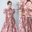 Chic / Beautiful Burgundy Floral Pearl Evening Dresses 2022 A-Line / Princess High Neck Backless Short Sleeve Floor-Length / Long Evening Party Formal Dresses