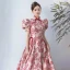 Chic / Beautiful Burgundy Floral Pearl Evening Dresses 2022 A-Line / Princess High Neck Backless Short Sleeve Floor-Length / Long Evening Party Formal Dresses