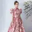 Elegant Burgundy Floral Prom Dresses 2022 A-Line / Princess High Neck Puffy Short Sleeve Backless Prom Floor-Length / Long Formal Dresses