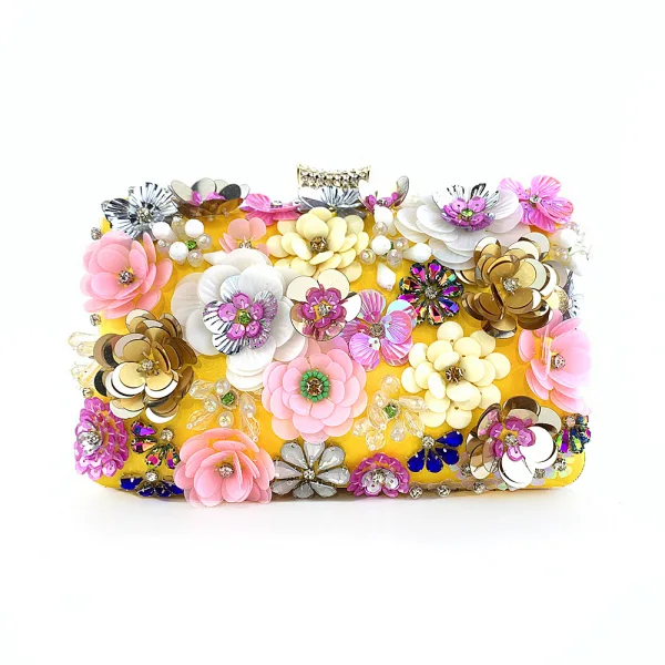 Chic / Beautiful Yellow Rhinestone Pearl Sequins Outdoor / Garden Clutch Bags 2023 Satin