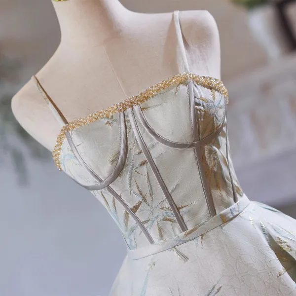 Chinese style Sage Green Beading Lace Flower Short Satin Homecoming Graduation Dresses 2024 A-Line / Princess Spaghetti Straps Sleeveless Backless Formal Dresses