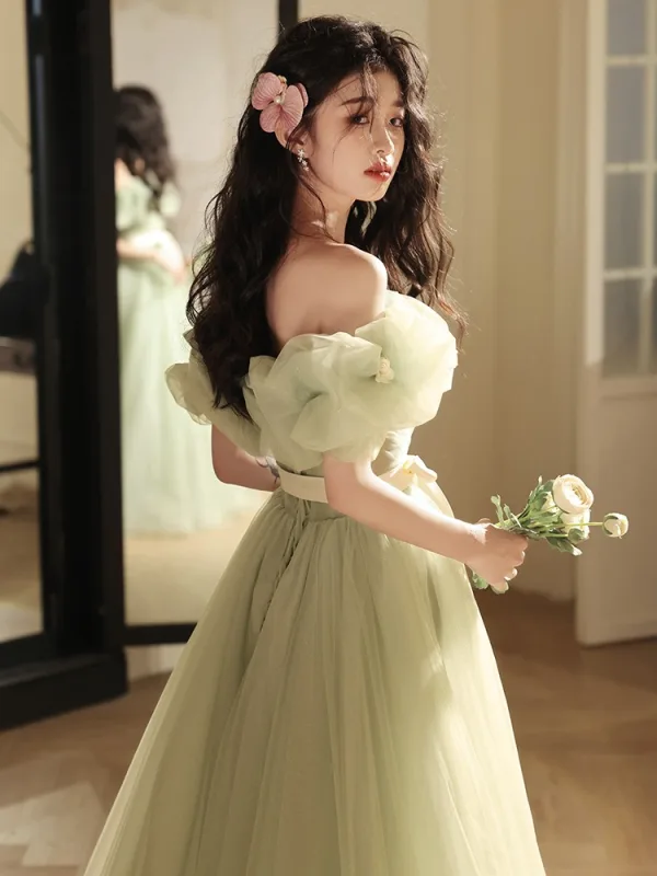 Chic / Beautiful Sage Green Bow Sash Prom Dresses 2024 A-Line / Princess Ruffle Off-The-Shoulder Short Sleeve Backless Floor-Length / Long Prom Formal Dresses