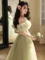 Chic / Beautiful Sage Green Bow Sash Prom Dresses 2024 A-Line / Princess Ruffle Off-The-Shoulder Short Sleeve Backless Floor-Length / Long Prom Formal Dresses