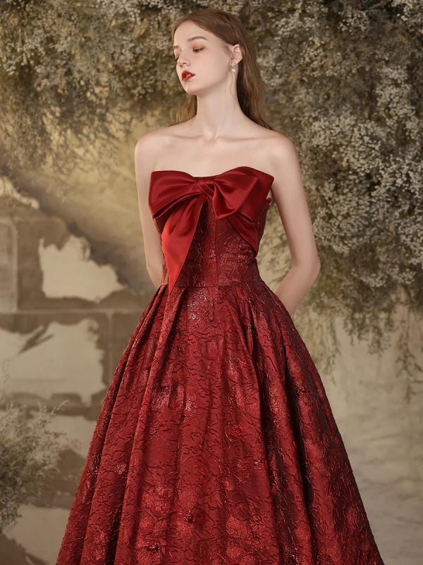 Chic / Beautiful Burgundy Printing Satin Prom Dresses 2024 Ball Gown Strapless Bow Sleeveless Backless Floor-Length / Long Prom Formal Dresses