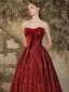 Chic / Beautiful Burgundy Printing Satin Prom Dresses 2024 Ball Gown Strapless Bow Sleeveless Backless Floor-Length / Long Prom Formal Dresses