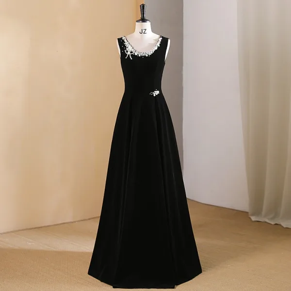 Chic / Beautiful Black Pearl Prom Dresses 2024 A-Line / Princess U-Neck Sleeveless Floor-Length / Long Prom Formal Dresses