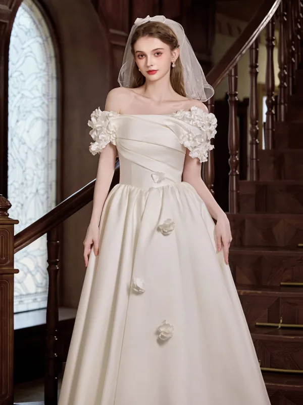 Elegante Ivory / Creme Applikationen Satin Brautkleider / Hochzeitskleider 2025 A Linie Off Shoulder Kurze Ärmel Rückenfreies Lange