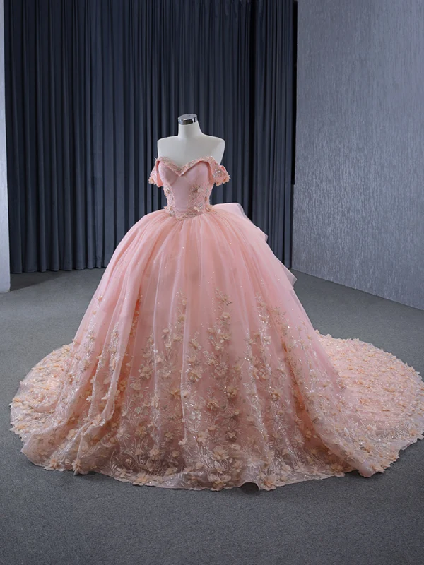 Luxury / Gorgeous Blushing Pink Handmade  Beading Rhinestone Appliques Wedding Dresses 2024 Ball Gown Off-The-Shoulder Short Sleeve Backless Court Train Wedding