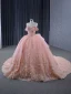 Luxury / Gorgeous Blushing Pink Handmade  Beading Rhinestone Appliques Wedding Dresses 2024 Ball Gown Off-The-Shoulder Short Sleeve Backless Court Train Wedding
