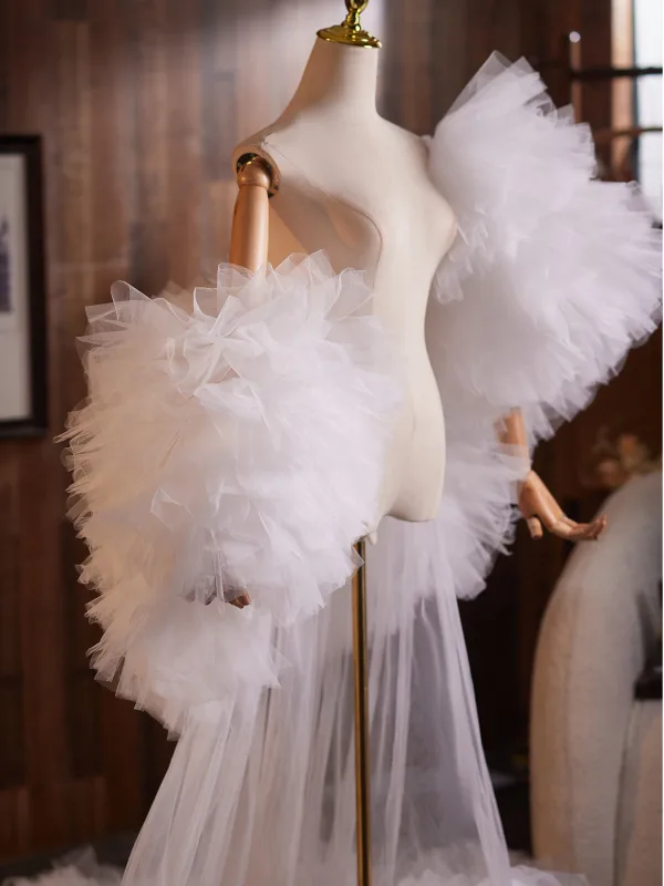 Unusual White Handmade Cascading Ruffles Prom shawl 2025 Puffy Short Sleeve Tulle