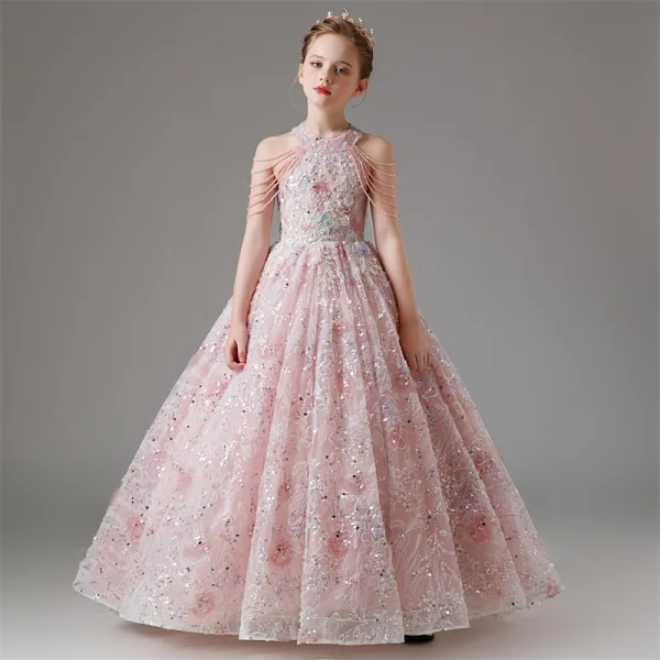 Charming Blushing Pink Beading Tassel Sequins Lace Flower Floor-Length / Long Birthday Flower Girl Dresses 2024 Ball Gown Scoop Neck Sleeveless Tulle