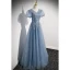Chic / Beautiful Sky Blue Beading Sequins Prom Dresses 2022 A-Line / Princess V-Neck Puffy Short Sleeve Backless Floor-Length / Long Formal Dresses