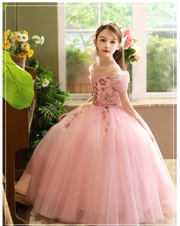 Chic / Beautiful Blushing Pink Beading Sequins Birthday Flower Girl Dresses 2024 A-Line / Princess Scoop Neck Short Sleeve Floor-Length / Long
