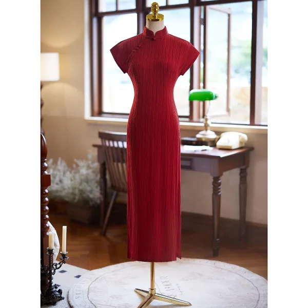 Chinese style Vintage / Retro Dark Green Prom Cheongsam 2024 Trumpet / Mermaid High Neck Short Sleeve Floor-Length / Long