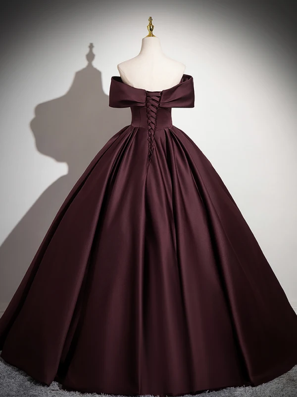 Vintage / Retro Burgundy Satin Prom Dresses 2024 Ball Gown Off-The-Shoulder Short Sleeve Backless Floor-Length / Long Prom Formal Dresses
