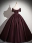 Vintage / Retro Burgundy Satin Prom Dresses 2024 Ball Gown Off-The-Shoulder Short Sleeve Backless Floor-Length / Long Prom Formal Dresses