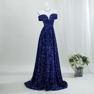 Vintage Retro Sparkly Navy Blue Sequins Evening Dresses 2026 A Line Princess Off The Shoulder Short Sleeve Backless Sweep Train Formal Dresses