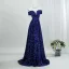 Vintage Glitzernden Marineblau Pailletten Abendkleider 2026 A Linie Off Shoulder Kurze Ärmel Rückenfreies Sweep / Pinsel Zug Festliche Kleider