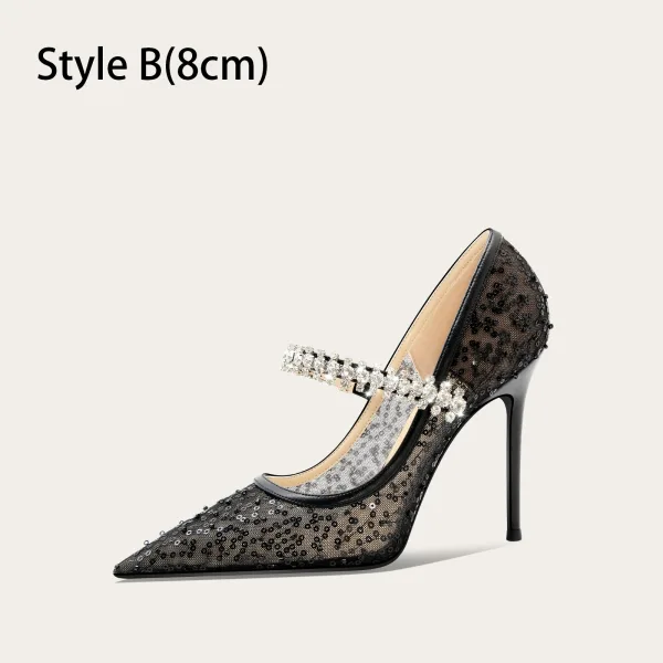 Chic / Beautiful Black Rhinestone Sequins Evening Party Pumps 2025 Tulle 10 cm Stiletto Heels Pointed Toe Pumps