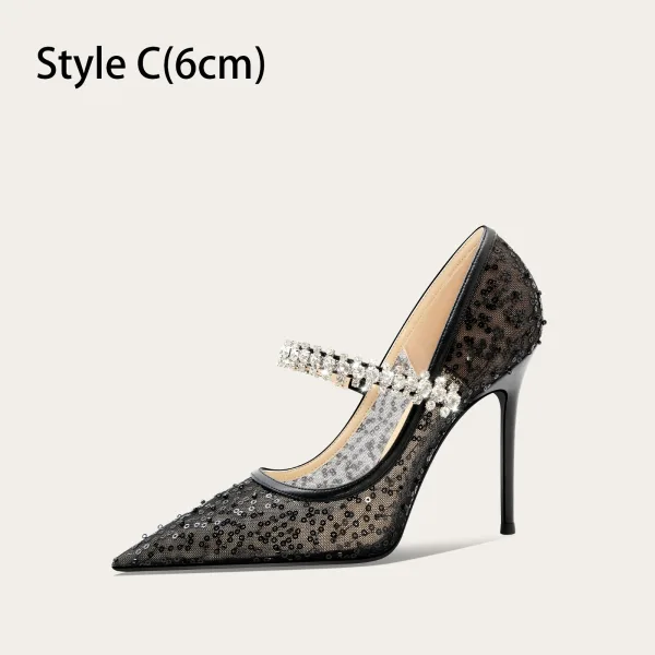 Chic / Beautiful Black Rhinestone Sequins Evening Party Pumps 2025 Tulle 10 cm Stiletto Heels Pointed Toe Pumps