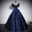 Vintage / Retro Navy Blue Satin Prom Dresses 2023 Ball Gown Square Neckline Short Sleeve Backless Bow Floor-Length / Long Prom Formal Dresses