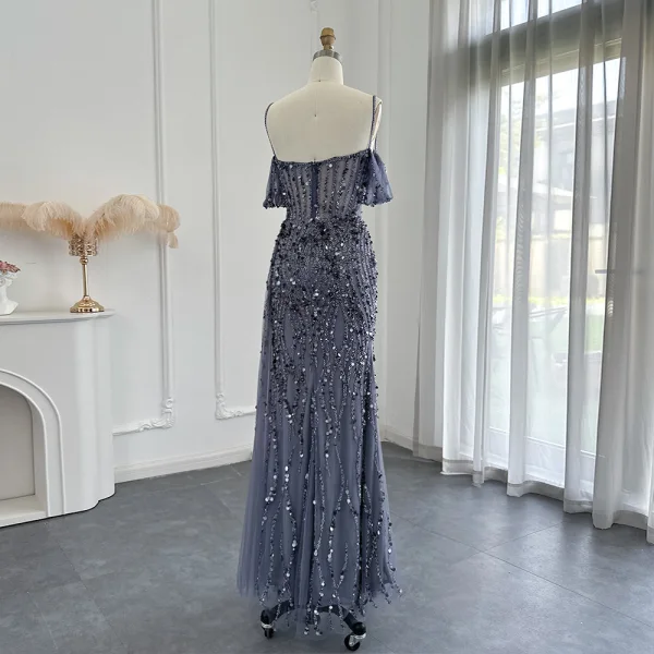 Haut de Gamme Sexy Rougissant Rose Fait main Perlage Paillettes Fendue devant Robe De Bal 2024 Trompette / Sirène Bretelles Spaghetti Manches Courtes Dos Nu Longue Promo