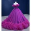 Chic / Beautiful Purple Ruffle Formal Dresses 2022 Ball Gown Off-The-Shoulder Puffy Short Sleeve Beading Backless Sweep Train Prom Dresses