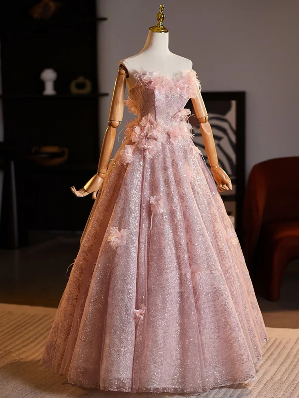 Luxury / Gorgeous Blushing Pink Sequins Appliques Prom Dresses 2025 Ball Gown Strapless Sleeveless Backless Floor-Length / Long Prom Formal Dresses