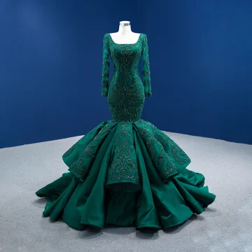 High End Dark Green Beading Pearl Sequins Lace Flower Evening Dresses 2022 Satin Trumpet Mermaid Square Neckline Short Sleeve Backless Floor Length Long Formal Dresses