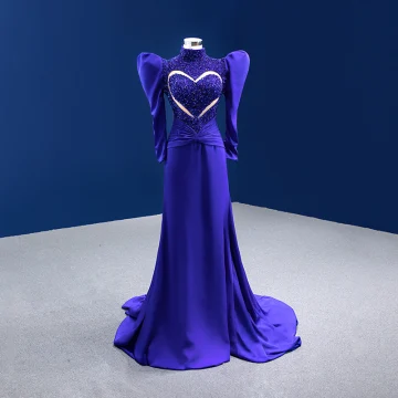 Haut De Gamme Vintage Originale Bleu Roi Fait Main Perlage Paillettes Robe De Soirée 2022 Trompette Sirène Col Haut Gonflée 1 2 Manches Train De Balayage Soirée Robe De Ceremonie