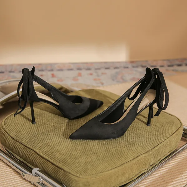 Fashion Black Evening Party Womens Sandals 2023 Leather Ankle Strap Bow 8 cm Stiletto Heels Pointed Toe High Heels