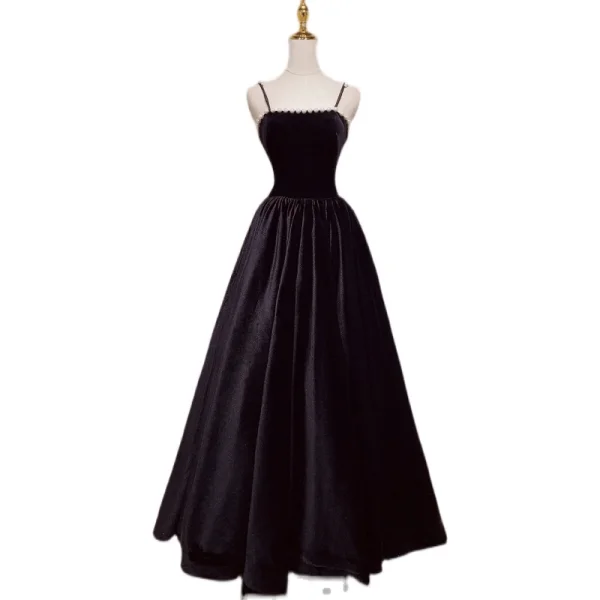 Élégant Noire Daim Perle Robe De Bal 2022 Princesse Bretelles Spaghetti Sans Manches Dos Nu Longue Promo Robe De Ceremonie