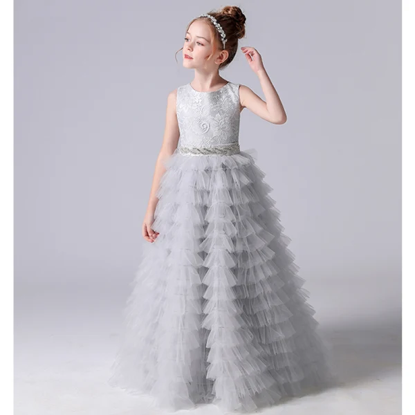 Chic / Beautiful Grey Cascading Ruffles Birthday Flower Girl Dresses 2022 A-Line / Princess Scoop Neck Sleeveless Bow Sash Floor-Length / Long Flower Girl Dresses