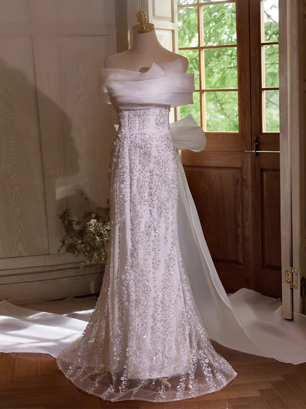 Charmant Blanche Perlage Paillettes Robe De Soirée 2024 Trompette / Sirène De l'épaule Sans Manches Dos Nu Noeud Longue Soirée Robe De Ceremonie