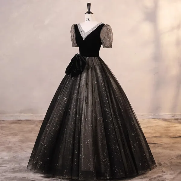 Chic / Beautiful Black Beading Sequins Prom Dresses 2023 Ball Gown V-Neck Bow Short Sleeve Backless Floor-Length / Long Prom Formal Dresses