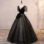 Chic / Beautiful Black Beading Sequins Prom Dresses 2023 Ball Gown V-Neck Bow Short Sleeve Backless Floor-Length / Long Prom Formal Dresses