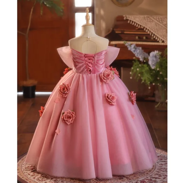 Flower Fairy Candy Pink Appliques Prom Dresses 2025 Ball Gown Off-The-Shoulder Short Sleeve Backless Floor-Length / Long Prom Formal Dresses