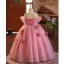 Flower Fairy Candy Pink Appliques Prom Dresses 2025 Ball Gown Off-The-Shoulder Short Sleeve Backless Floor-Length / Long Prom Formal Dresses