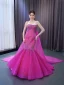 High-end Fuchsia Handmade  Beading Prom Dresses 2024 Trumpet / Mermaid Strapless Sleeveless Backless Court Train Prom Formal Dresses