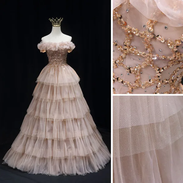 Charming Champagne Beading Sequins Evening Dresses 2022 A-Line / Princess Ruffle Off-The-Shoulder Sleeveless Backless Floor-Length / Long Formal Dresses